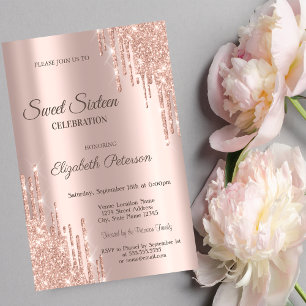 Invitation Moderne Gouttes de Paillettes Rose Doré pour un Sw
