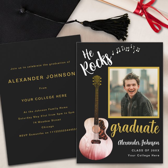Invitation Moderne Graduate Photo Cool Music Graduation Party (Cool country music rustic guitar black and gold graduation party invitation with graduate photo )