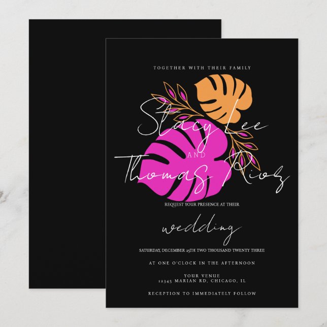 Invitation Moderne Gras brillant Tropical Rose Orange Mariage (Devant / Derrière)