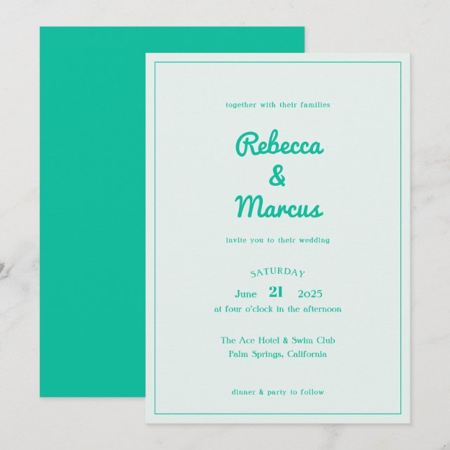 Invitation Moderne Gras Emerald Mint Retro Vibes Mariage (Devant / Derrière)
