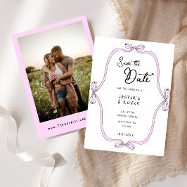 Invitation Moderne Gras Rose Bow Photo Mariage Enregistrer La