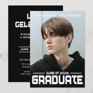 Invitation Moderne Gras Script Black White Guy Photo Grad