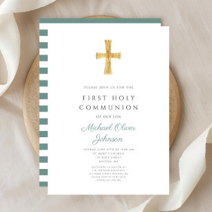 Invitation Moderne Green Stripes Cross Boy First Communion