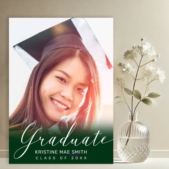 Invitation Moderne Green White Calligraphie Photo Graduation (Green with White Calligraphy Script Photo Graduation Announcement and Party Invitation)