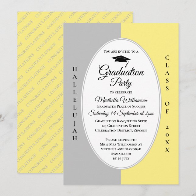 Invitation Moderne Gris Jaune Hallelujah Graduation (Devant / Derrière)
