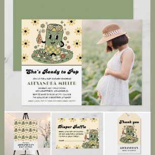 Invitation Moderne Groovy Daisy Sage Vert Photo Prêt à Pop
