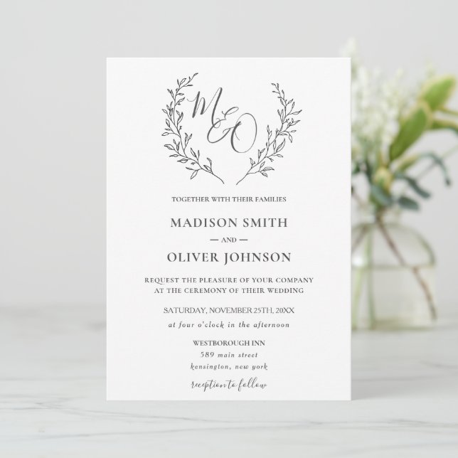 Invitation Moderne Haute Monogram Laurel Branche Mariage (Debout devant)