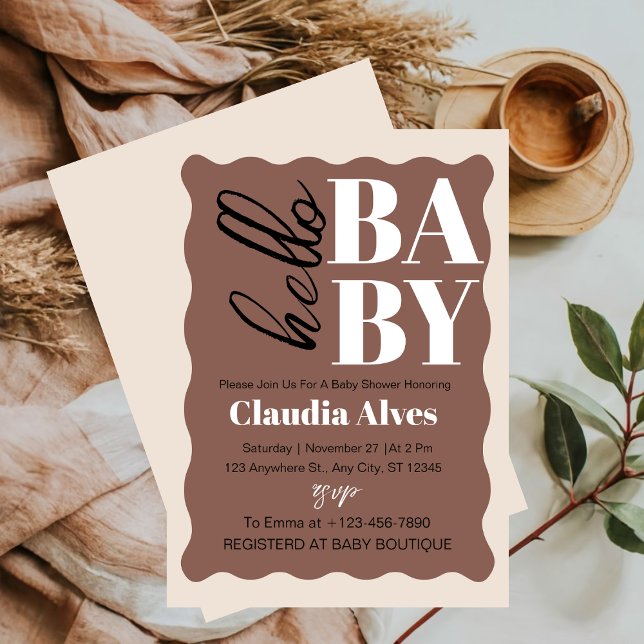 Invitation Moderne Hello Baby Baby shower Brown (Créateur téléchargé)