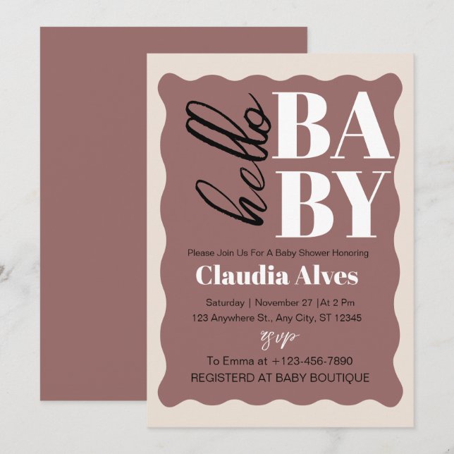 Invitation Moderne Hello Baby Terracotta Baby shower minimal (Devant / Derrière)