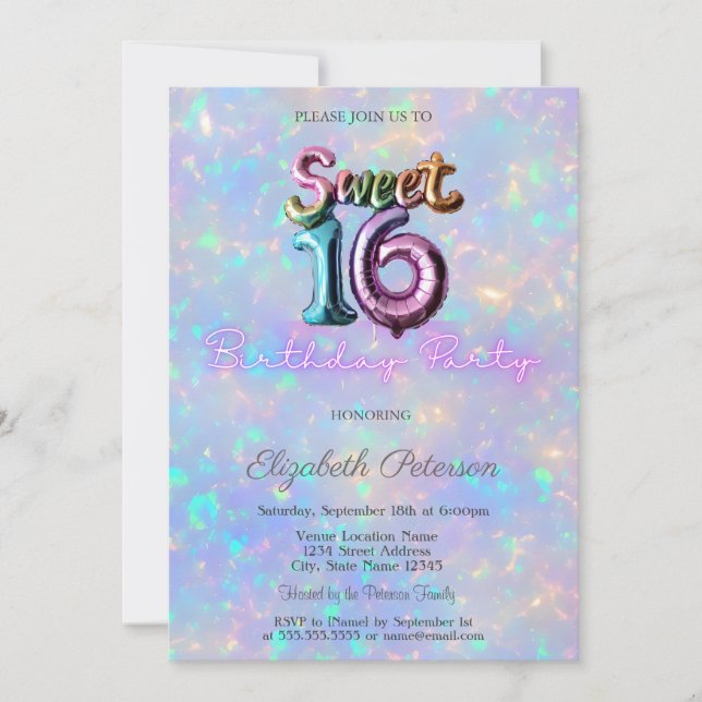 Invitation Moderne Holographique Iridescente Balloon Sweet 16 (Devant)