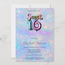 Invitation Moderne Holographique Iridescente Balloon Sweet 16