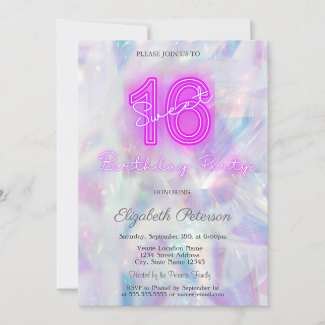 Invitation Moderne Holographique Neon Sweet 16 (Devant)