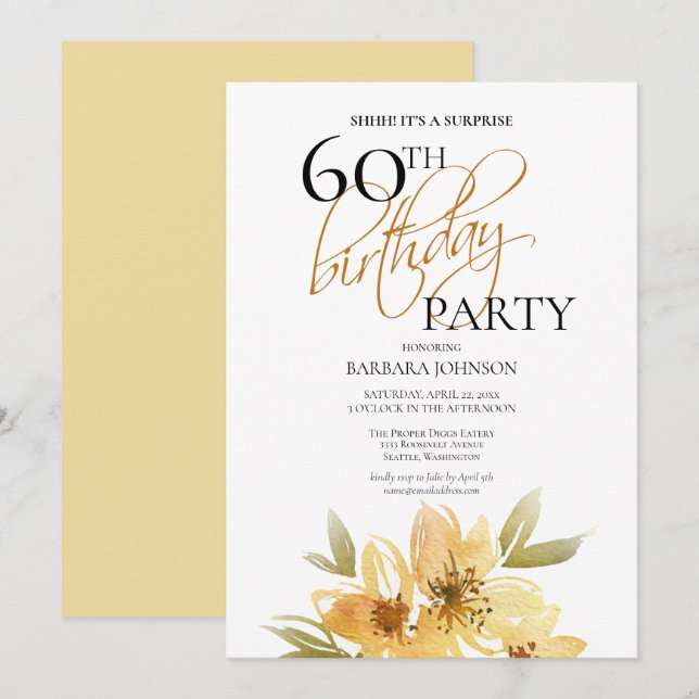 Invitation Moderne Jaune Doux Floral Surprise 60e anniversair (Devant / Derrière)
