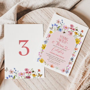 Invitation Moderne jeune sauvage trois 3ème anniversaire Fleu