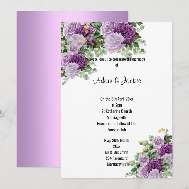 Invitation Moderne Lilac blanc violet floral ÉLÉGANT MARIAGE (Devant / Derrière)