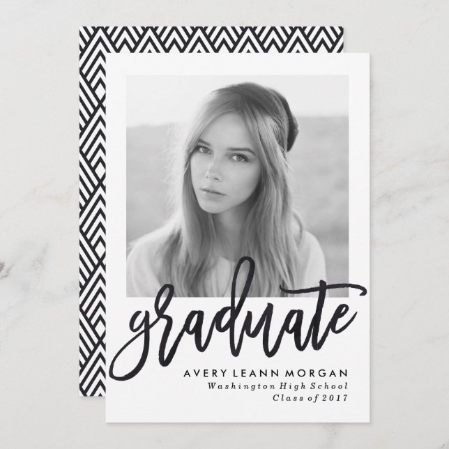 Invitation Moderne Luxe Black Script Graduation Party (Devant / Derrière)