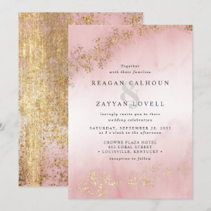 Invitation Moderne Luxe Paillettes Dorées Mariage Brume Rose 