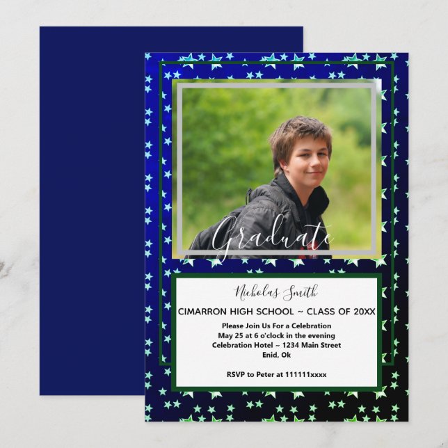 INVITATION MODERNE MALE GRAD STARS BLEU | FÊTE DE DIPLÔME (Devant / Derrière)