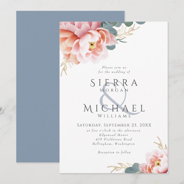 Invitation Moderne Mariage Fleurie Bleu Poussiéreux Rose Blus (Devant / Derrière)