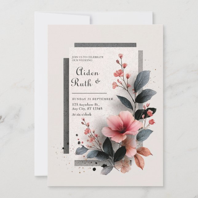 Invitation Moderne Mariage Floral Foncé Abstrait Rose Blush (Devant)