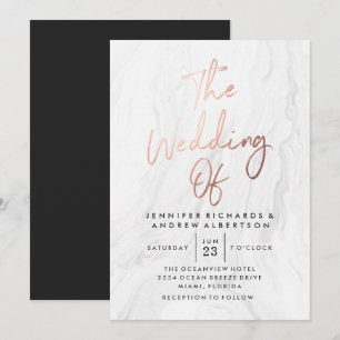 Invitation Moderne Mariage Or Rose Marbre Blanc Écriture