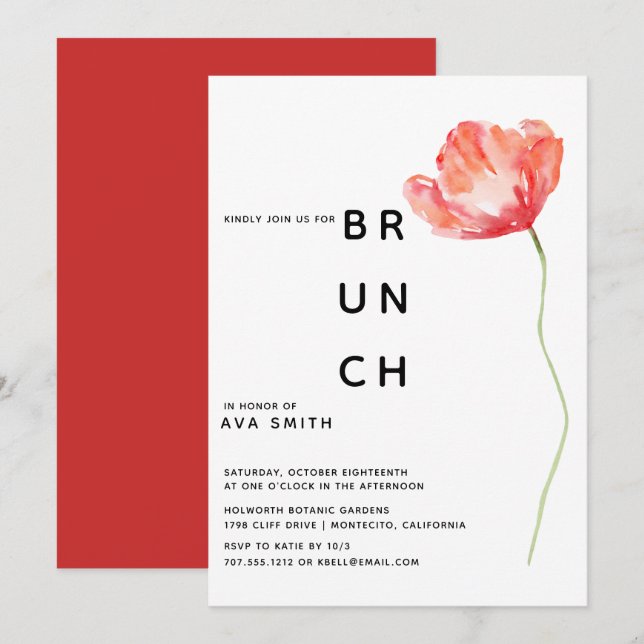 Invitation Moderne Mariage rouge pavot Brunch (Devant / Derrière)