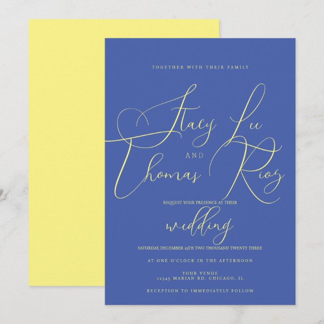 Invitation Moderne Mariage Script Jaune Bleu Gras Gras  (Devant / Derrière)