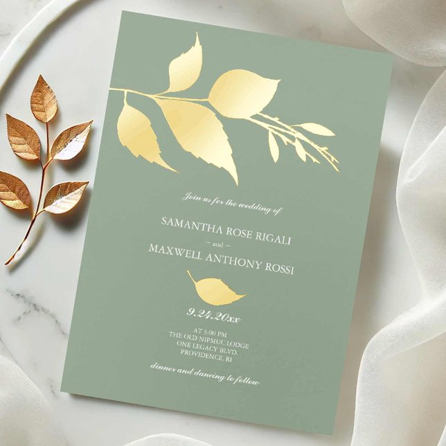 Invitation moderne Mariage vert Foil (Wedding invitations sage green gold leaf art by Victoria Grigaliunas Do Tell A Belle)