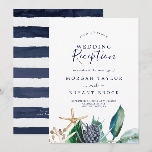 Invitation Moderne Marine | Réception de mariage verdoyant (Devant / Derrière)