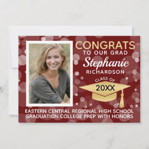 Invitation Moderne Maroon Gold Bokeh Bubbles Photo Graduation