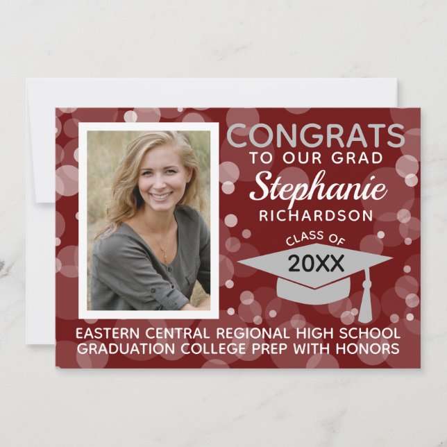 Invitation Moderne Maroon Grey Bokeh Bubbles Photo Graduation (Devant)