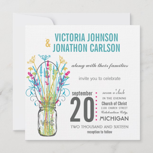 Invitation Moderne Mason Jar Aqua Lime jaune rose Floral (Devant)