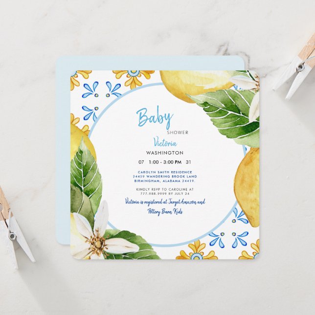 Invitation Moderne Méditerranée Bleu & Citrons Baby shower In (Devant/Arrière en situation)