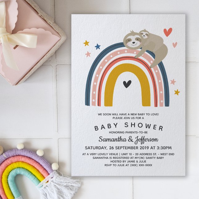 Invitation Moderne mignonne maman bébé Sloth Rainbow Baby sho (Créateur téléchargé)