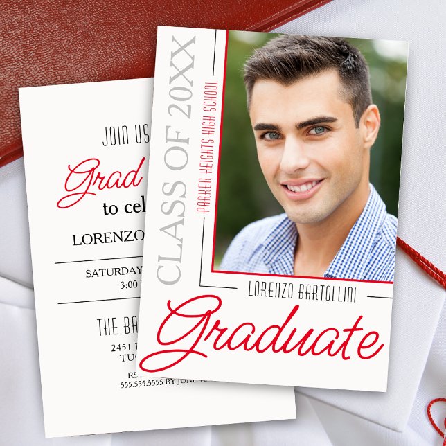 Invitation Moderne Minimal 1 photo Diplôme rouge et blanc (Modern Crimson Red Grad Party Graduation Announcement Invitation with One Photo)