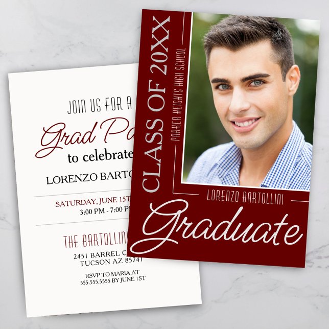 Invitation Moderne Minimal 1 Photo Maroon Bourgogne Diplôme (Simple Modern Burgundy Graduation Announcement and Grad Party Invitation)