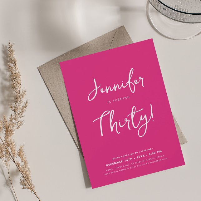 Invitation Moderne minimal 30e anniversaire Script Hot Pink (Modern Minimal 30th Birthday Script Hot Pink Invitation)