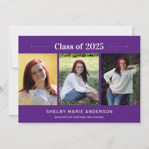 Invitation Moderne Minimal 3 Photos Purple Graduation