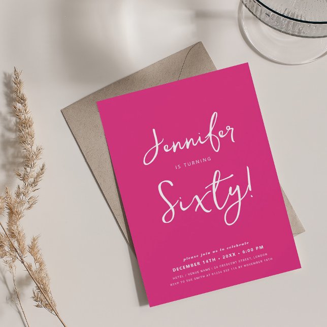 Invitation Moderne minimal 60e anniversaire Script Hot Pink (Modern Minimal 60th Birthday Script Hot Pink Invitation)