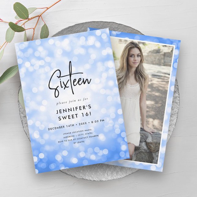 Invitation Moderne Minimal Marine Lumières Bleues Photo Sweet (Modern Minimal Navy Blue Lights Photo Sweet 16 Invitation)