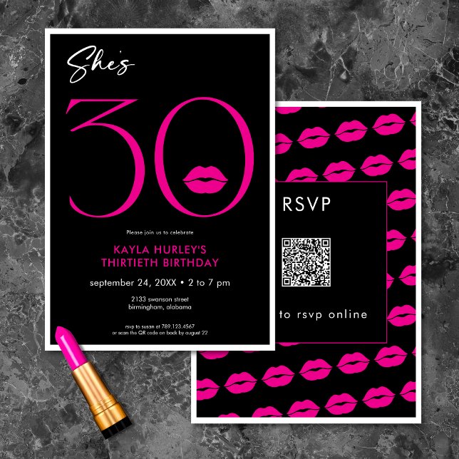 Invitation Moderne minimal rose lèvres Elle est trente Annive (Modern Minimal Pink Lips She's Thirty Birthday QR Invitation)