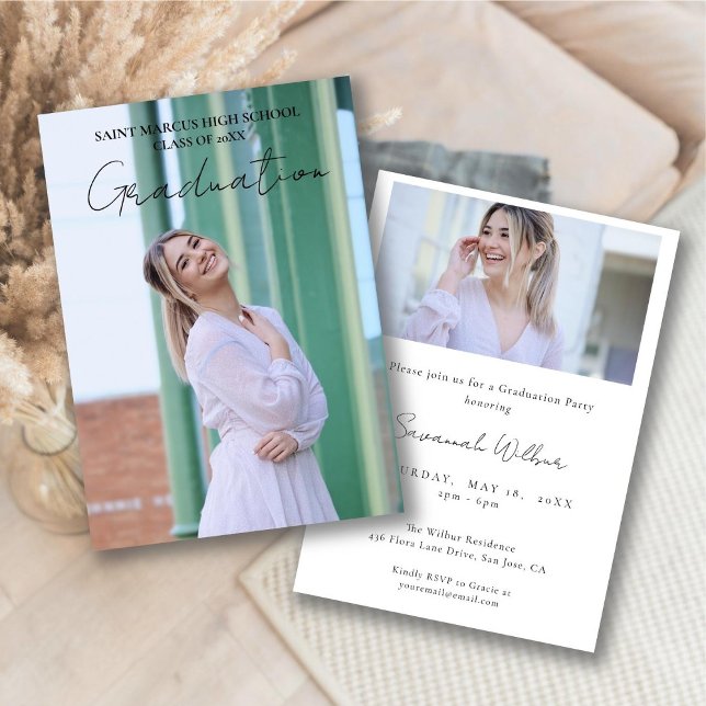 Invitation Moderne Minimal Simple Script Graduation Party (Modern Minimal Simple Script Graduation Party Invitation - Front and Back)