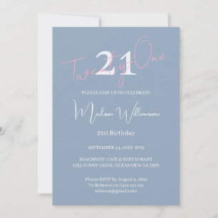 Invitation Moderne Minimaliste 21e Anniversaire Rose Bleu