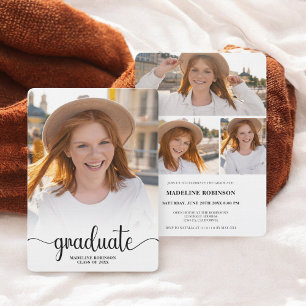 Invitation Moderne minimaliste 4-Photo script chic Graduation
