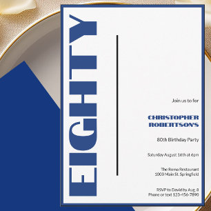 Invitation Moderne Minimaliste 80 Ans Anniversaire Bleu et No