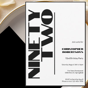 Invitation Moderne Minimaliste 92e Anniversaire Noir et Blanc
