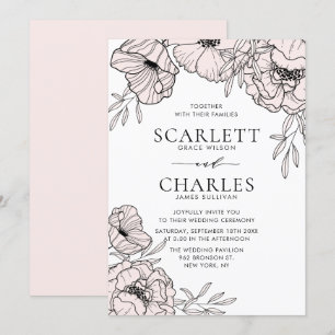 Invitation Moderne minimaliste Fleurs Roses Bleues Mariage