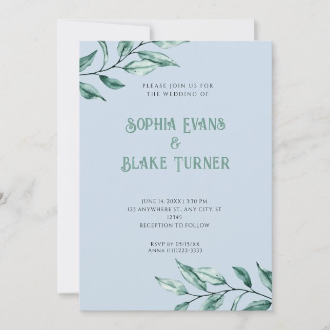 Invitation Moderne minimaliste Mariage bleu verdure (Devant)