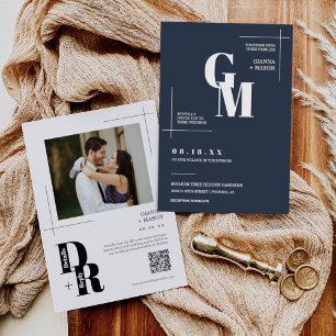 Invitation Moderne minimaliste Marine bleu Mariage QR Code ph