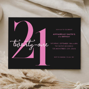 Invitation Moderne minimaliste rose noire 21e anniversaire